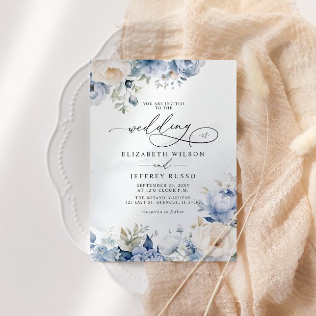 Invitation Élégant Mariage moderne géométrique Dusty bleu flo (Elegant Modern Geometric Dusty Blue Floral Wedding Invitation)