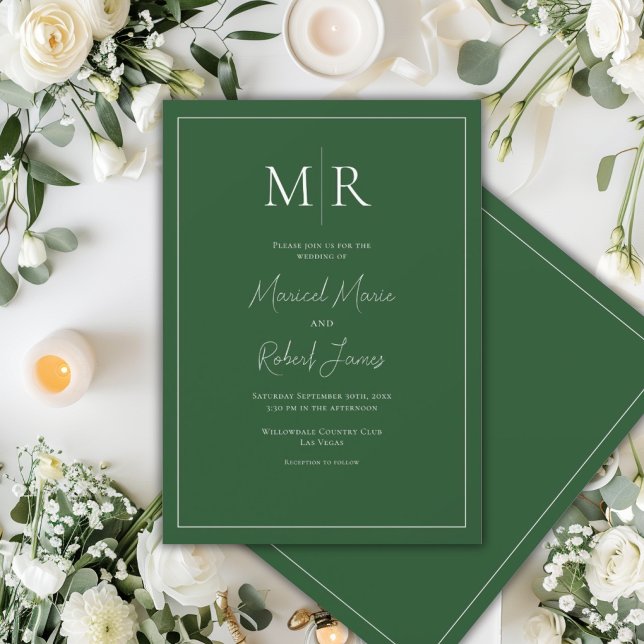 Invitation Élégant Mariage Moderne Monogram Vert Chasseur (Créateur téléchargé)