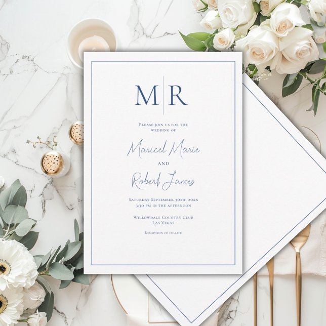 Invitation Élégant mariage moderne monogramme bleu marine (Créateur téléchargé)