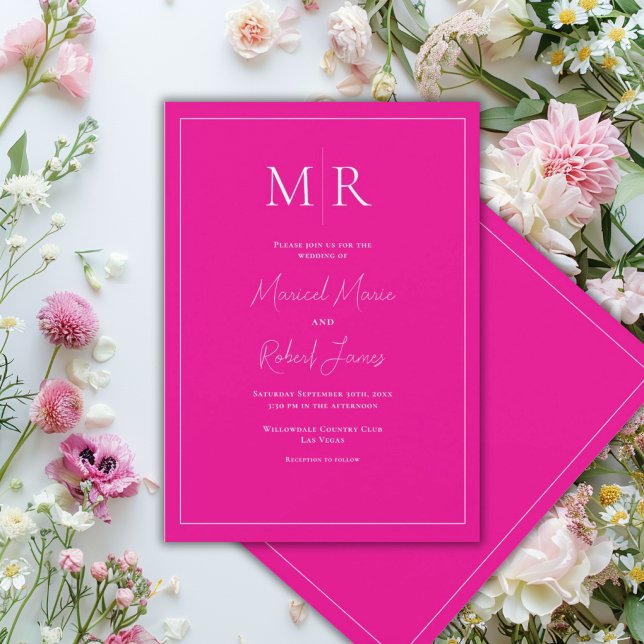 Invitation Élégant Mariage Moderne Monogramme Rose Fuschia (Créateur téléchargé)