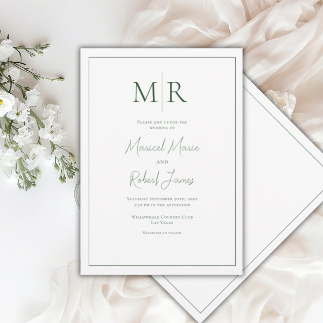 Invitation Élégant Mariage Moderne Monogramme Vert Chasseur (Créateur téléchargé)