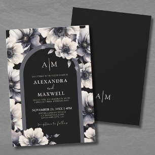 Invitation Élégant Mariage moderne noir floral