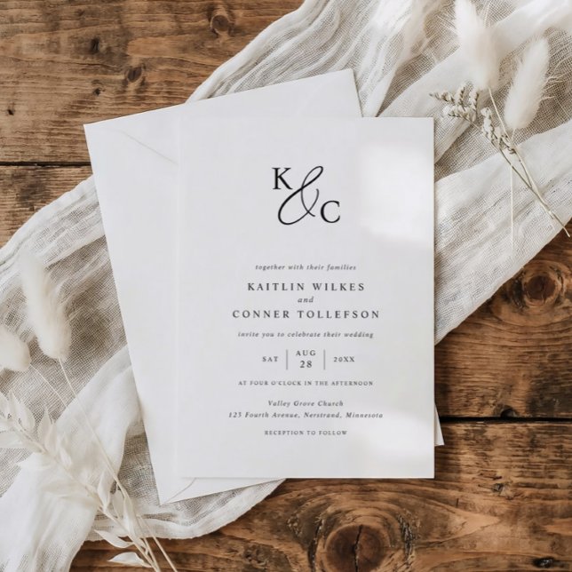 Invitation Élégant Mariage Moderne Simple Noir & Blanc (Modern wedding logo monogram wedding invitations in black and white.)