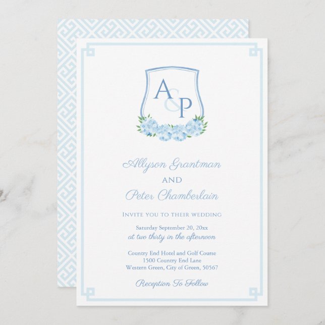 Invitation Élégant Mariage Monogram Crest Hydrangea Bleu (Devant / Derrière)