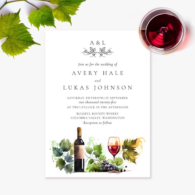 Invitation Élégant mariage Monogram Watercolor Winery (Créateur téléchargé)
