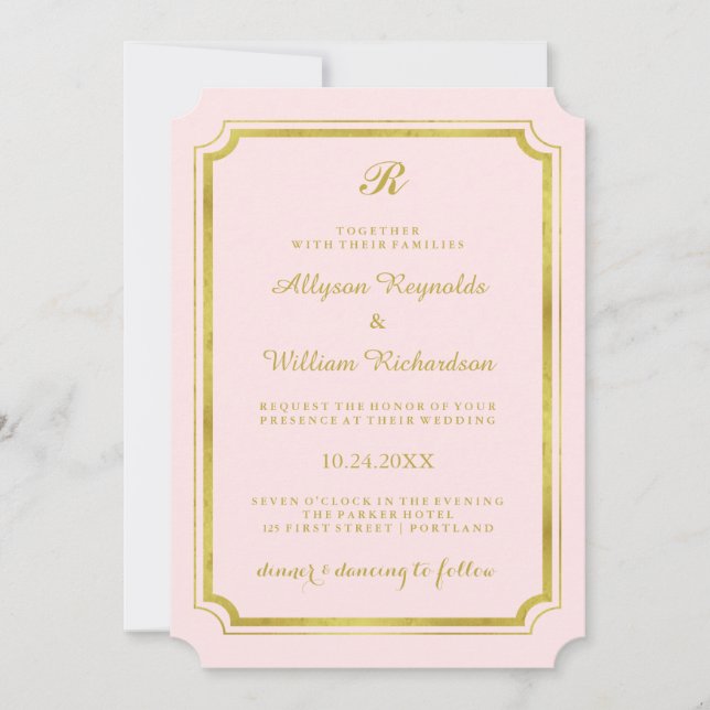 Invitation Élégant Mariage Monogramme Blush Pink et Faux Gold (Devant)