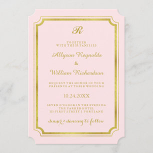 Invitation Élégant Mariage Monogramme Blush Pink et Faux Gold