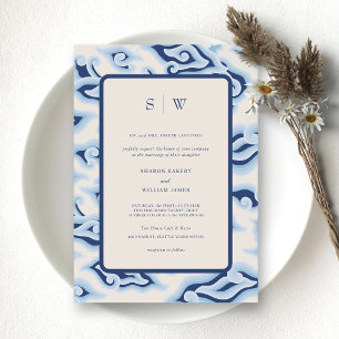 Invitation Élégant Mariage Monogramme des vagues de l'océan b
