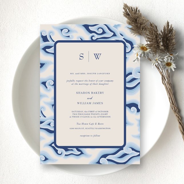 Invitation Élégant Mariage Monogramme des vagues de l'océan b (Design Your Personalized Vintage Batik Wedding Invitation)