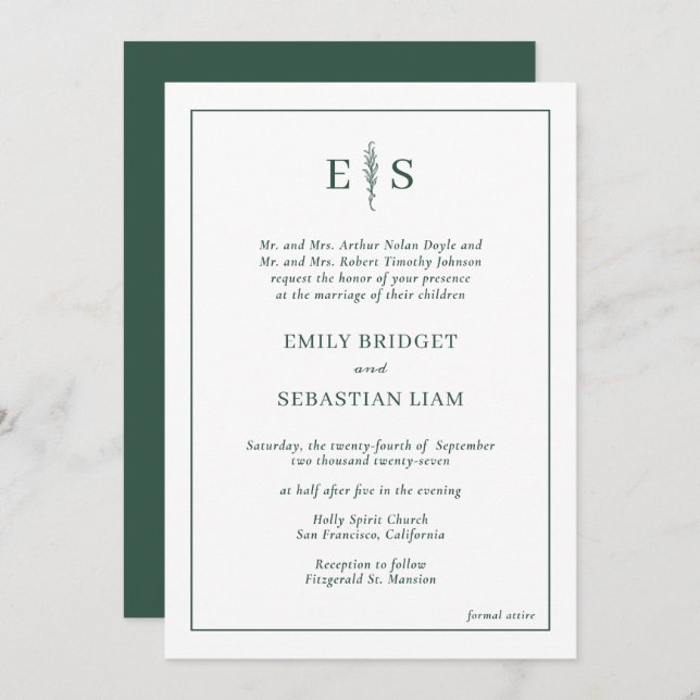 Invitation Élégant Mariage Monogramme Emerald Green (Devant / Derrière)