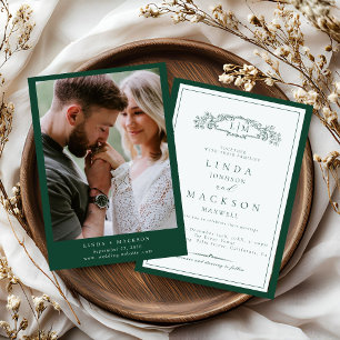 Invitation Élégant Mariage Monogramme Emerald Green Crest