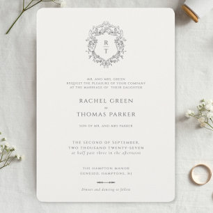Invitation Élégant Mariage Monogramme Formel Blanc Noir