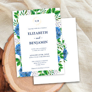 Invitation Élégant Mariage Monogramme Hydrangeas Or Bleu