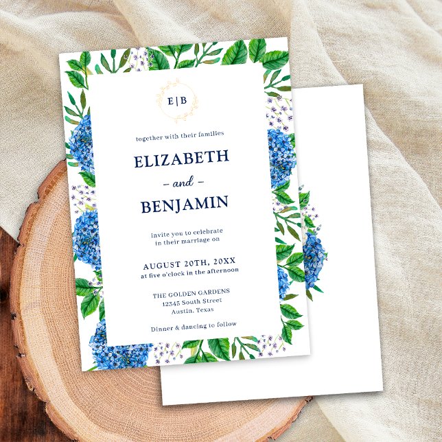 Invitation Élégant Mariage Monogramme Hydrangeas Or Bleu  (Front / Back)