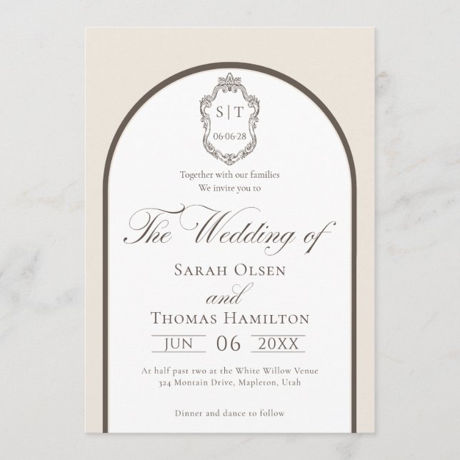 Invitation Élégant Mariage Monogramme Mocha Et Crème (Devant)