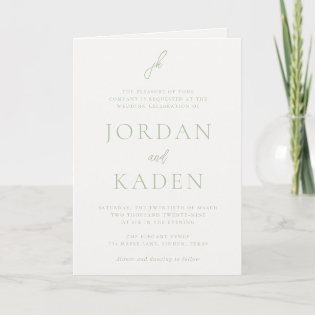Invitation Élégant Mariage Monogramme Script Vert Sauge (Devant)