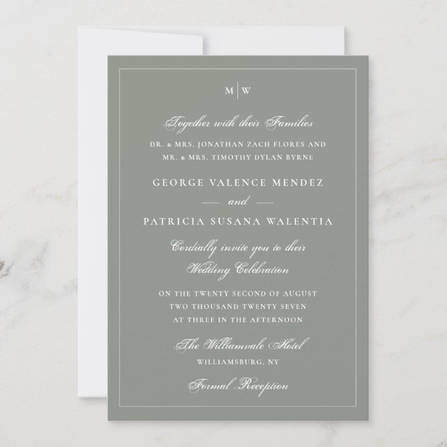 Invitation Élégant Mariage Monogramme Vert Sauge (Devant)