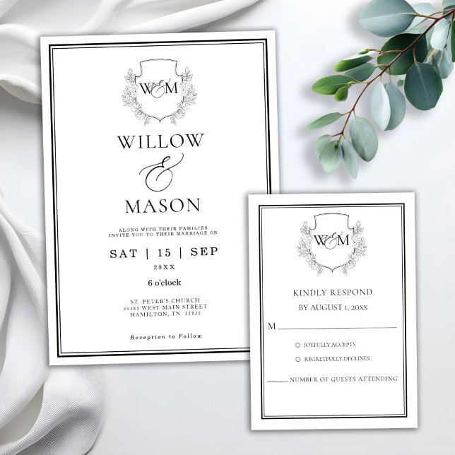 Invitation Élégant Mariage Monogramme Vintage (Elegant Vintage Monogram Wedding Invitation show with RSVP card)