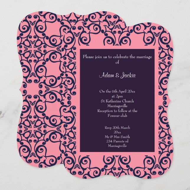 Invitation Élégant MARIAGE Motif Abstrait de la Marine rose (Devant / Derrière)