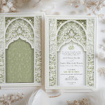 Invitation Élégant Mariage musulman Floral Arch islamique<br><div class="desc">Présentant une faire-part de mariage islamique magnifiquement artisanale qui présente un design d'arche florale exquis dans une palette de blancs sereins et de verts doux. L'avant de l'invitation présente une délicate interaction d'éléments floraux blancs et de feuillage vert tendre, encadrant une arche islamique ornée, surmontée d'un motif de calligraphie arabe...</div>