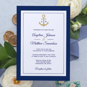 Invitation Élégant Mariage nautique bleu bleu blanc or
