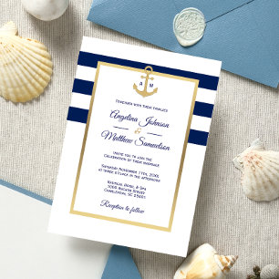 Invitation Élégant Mariage nautique bleu bleu blanc or