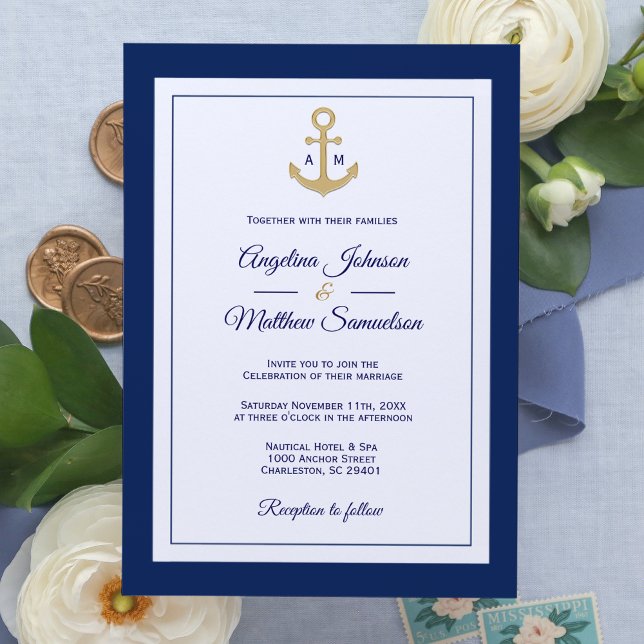 Invitation Élégant Mariage nautique bleu bleu blanc or (Créateur téléchargé)