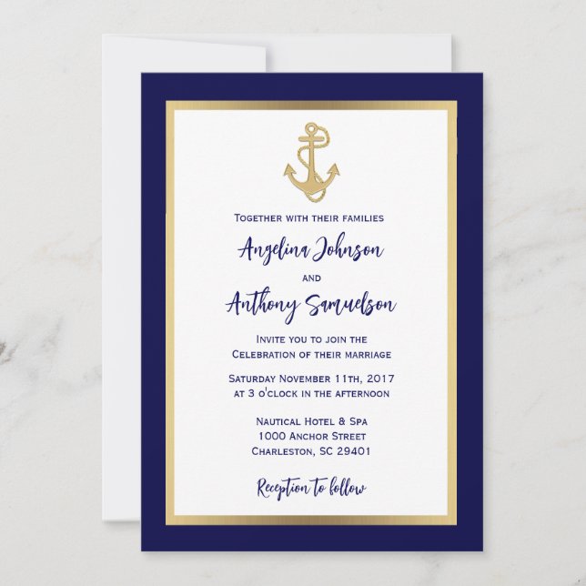 Invitation Élégant Mariage nautique bleu marine (Devant)