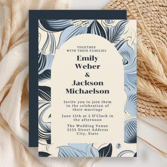 Invitation Élégant Mariage Naval Bleu Poussiéreux Arch  (Navy blue, light lblue, and cream-colored retro style flowers wedding invitation)