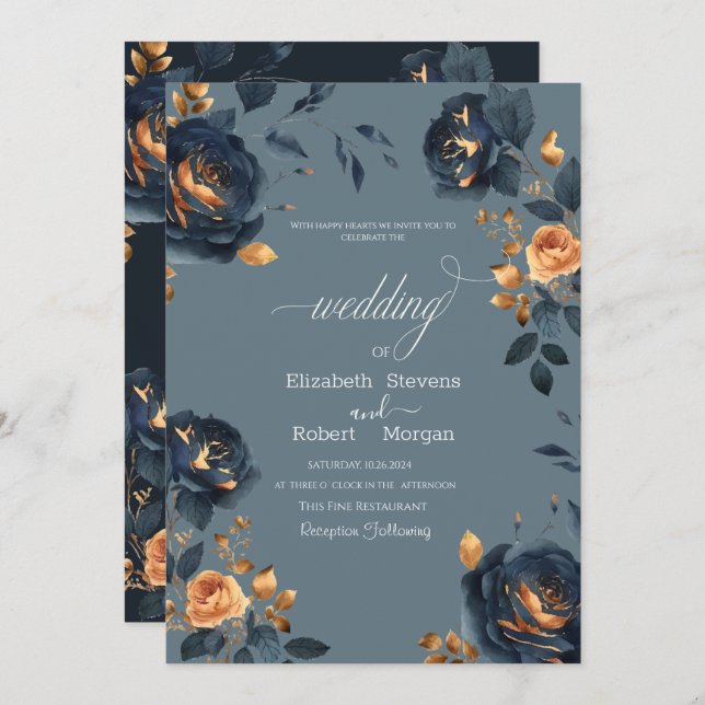 Invitation Elégant Mariage Navy Blue Gold Flowers (Devant / Derrière)