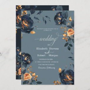 Invitation Elégant Mariage Navy Blue Gold Flowers