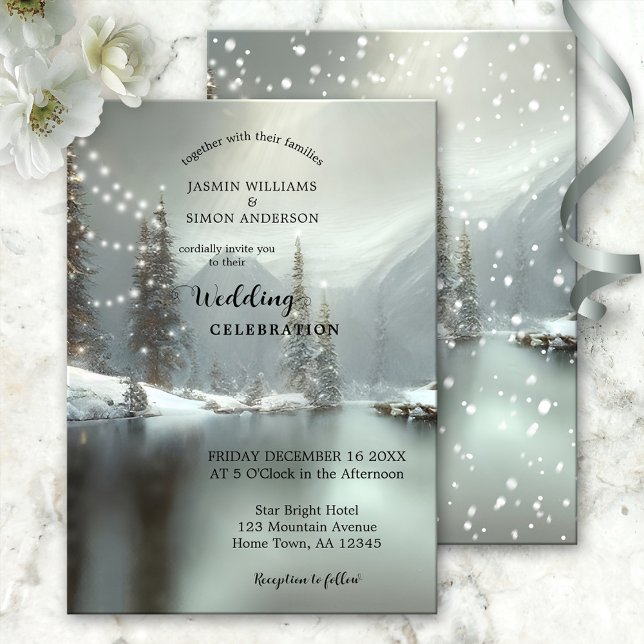 Invitation Élégant Mariage Noël hiver Wonderland (Wedding invitation featuring a dreamy winter wonderland scene with sparkling lights)