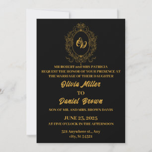 Invitation Élégant mariage noir avec logo floral cadre or