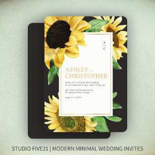Invitation Élégant Mariage noir de tournesol rustique