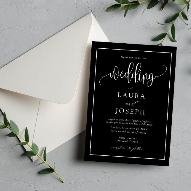 Invitation Élégant mariage noir et blanc en écriture script (Elegant script black and white wedding invitation sets a timeless romantic tone with your details)