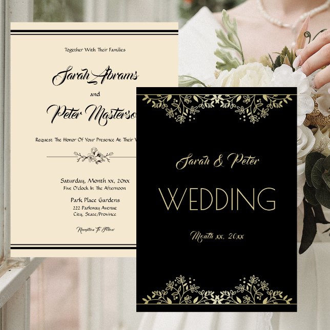 Invitation Élégant Mariage noir et or (Elegant Black and Gold Wedding Invitation)