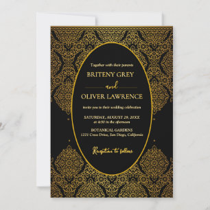 Invitation Élégant mariage noir et or damassé