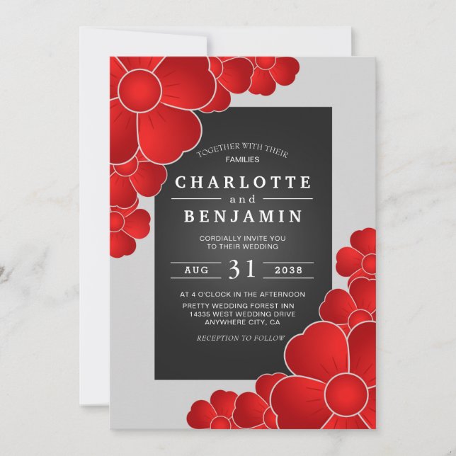 Invitation Élégant Mariage noir et rouge floral (Devant)