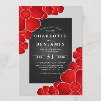 Invitation Élégant Mariage noir et rouge floral