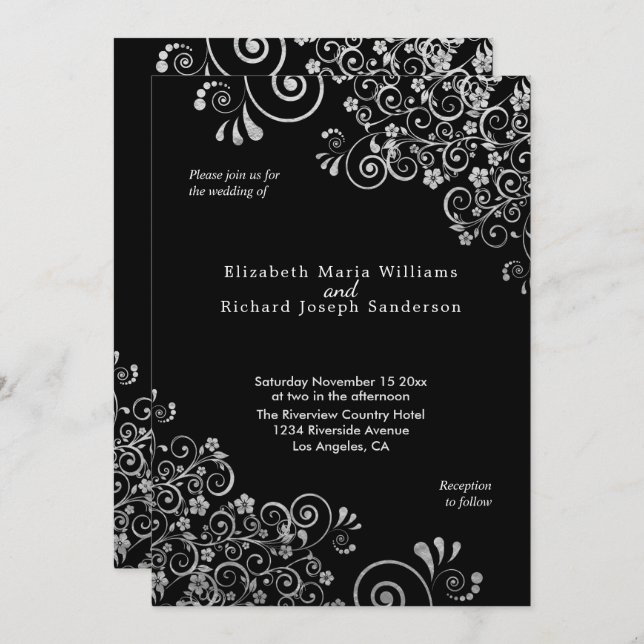 Invitation Élégant Mariage noir floral argent (Devant / Derrière)