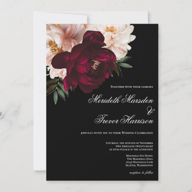 Invitation Élégant Mariage noir floral et bordeaux foncé (Devant)