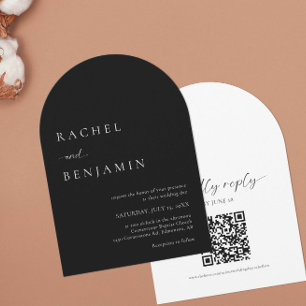 Invitation Élégant Mariage noir minimaliste 2 côtés QR Code