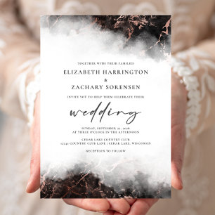Invitation Élégant Mariage Noir Or Rose en Marbre