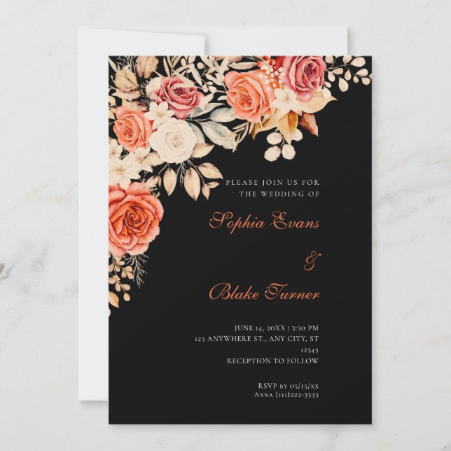 Invitation Elégant Mariage noir orange et blanc Roses (Devant)