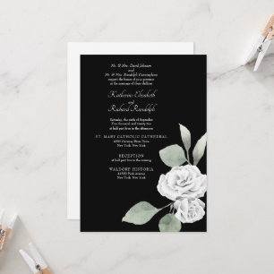 Invitation Élégant Mariage noir Rose blanche Foliage