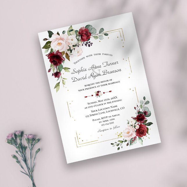 Invitation Élégant Mariage or aux fleurs bleues bordeaux (Créateur téléchargé)