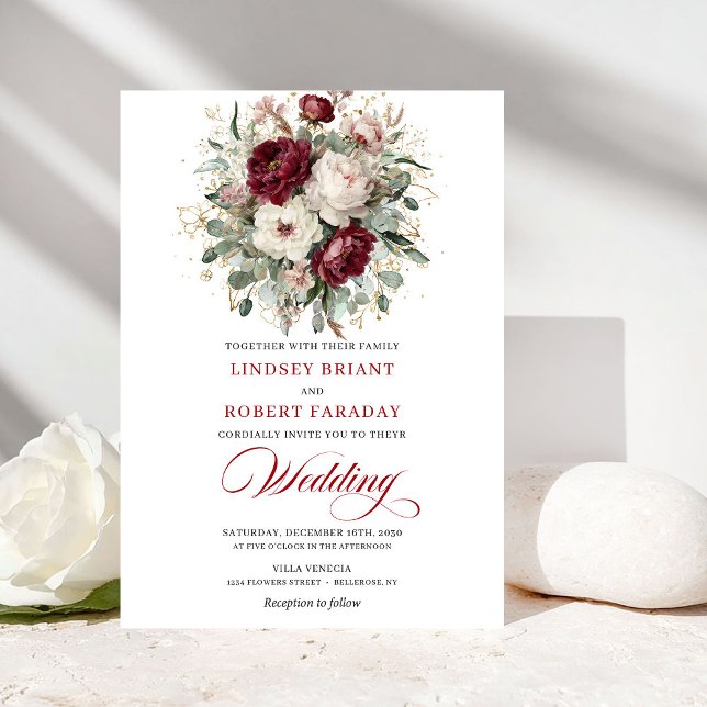 Invitation Élégant Mariage Or Blanc Bourgogne Botanique Or (Elegant Burgundy White Gold Botanical Wedding Invitation)