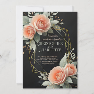 Invitation Elégant Mariage or bordeaux rouge et noir floral