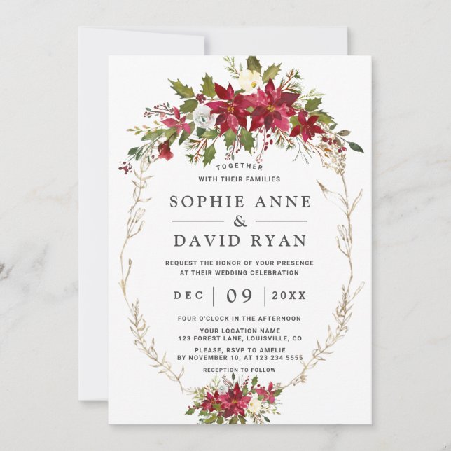 Invitation Élégant Mariage or de fleurs roses de Bourgogne (Devant)