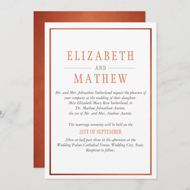 Invitation Élégant Mariage orange cuivre blanc moderne (Devant / Derrière)